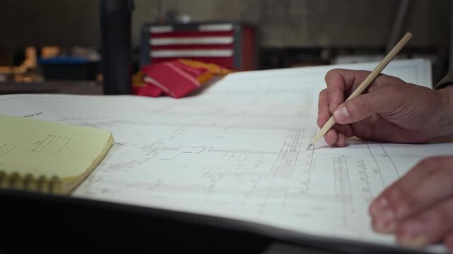 Caucasian male engineer pointing at blueprint with pencil in industrial workshop. Video suitable for manufacturing, construction planning, and engineering project management commercials