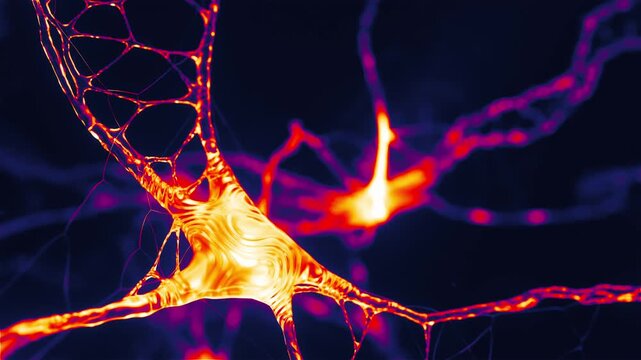 Thermal heatmap neuron network fly through, 3d render seamless loop animation of glowing brain synapse connections in infrared color palette, 4K