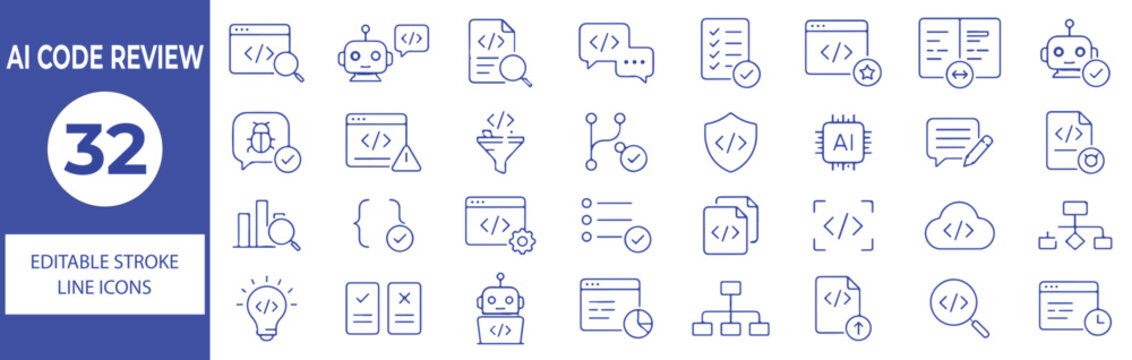32 AI Code Review Vector Outline Icons Set &ndash; Artificial Intelligence, Programming, Code Analysis, Debugging and Software Quality Line Symbols Collection