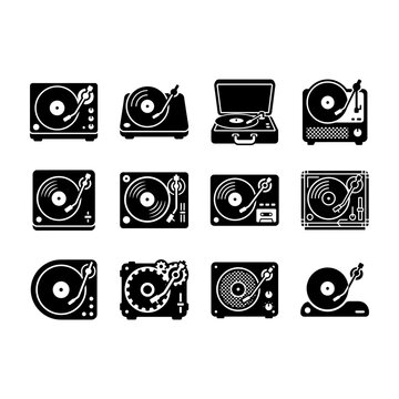Vinyl record player turntable icons set vector illustration with turntable