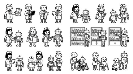 Fototapeta premium Robot assistant and medical care icon set depicts healthcare workers, nurses, doctors, and elder care.