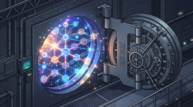Isometric safe vault opening to reveal glowing blockchain network illustration