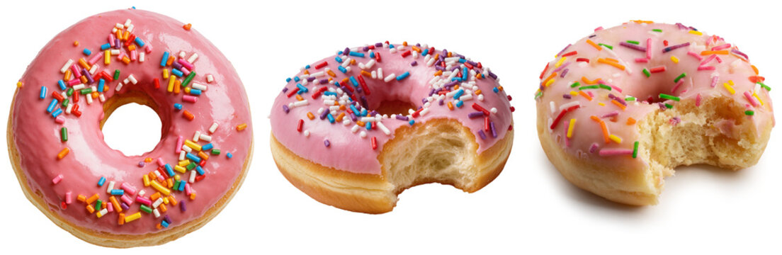 Three pink frosted donuts with colorful sprinkles, one with a bite taken out, isolated on a transparent background