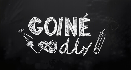 Obraz premium A deep black chalkboard background with white chalk hand-drawn text and illustrations. 