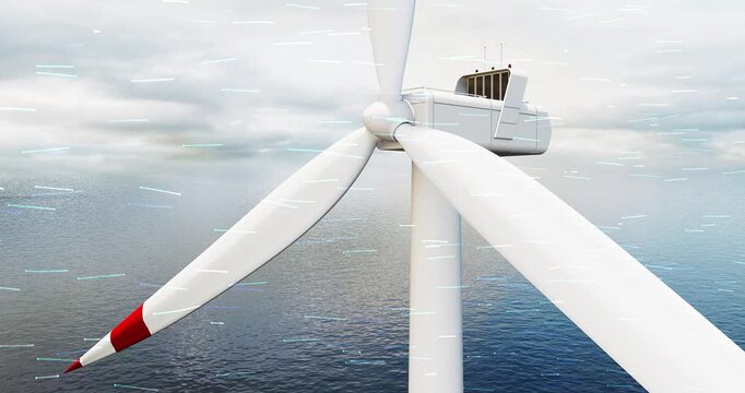 Sustainable blue economy offshore wind farm generating clean electricity. Sustainable energy related 3d animation.