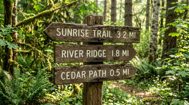 Wooden trail signpost in lush green forest, indicating paths to Sunrise Trail, River Ridge, and Cedar Path.