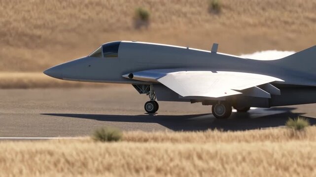 Jet aircraft resting on runway beside dry grassland with landing gear deployed and angular wings visible