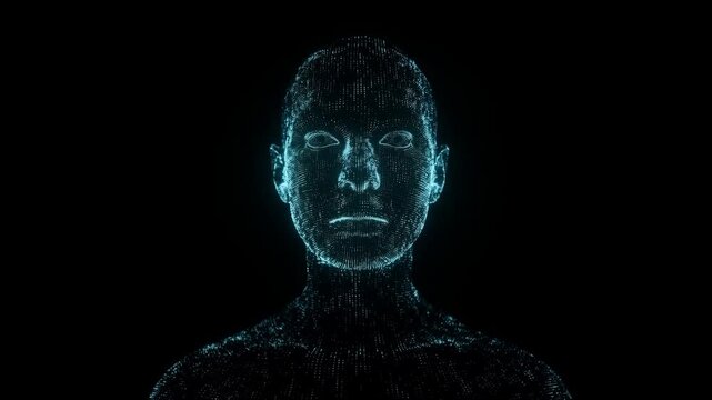 Digital human face rendered in glowing blue dot patterns against a black background