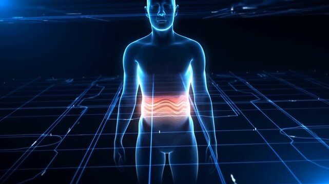 Blue holographic human figure standing with glowing orange abdominal organs on virtual grid