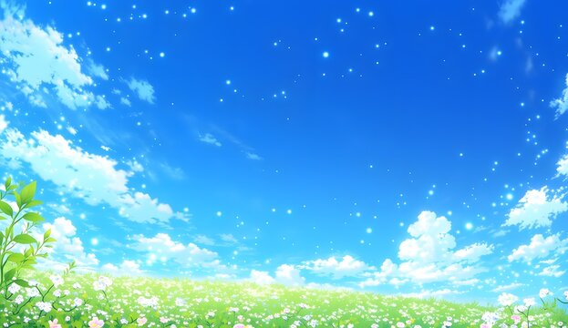 Illustration Style Anime d'un Ciel Bleu Lumineux avec Nuages et Champ de Fleurs Onirique