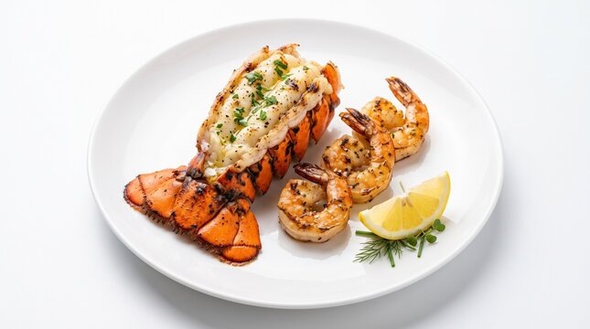 Grilled lobster tail and golden shrimp elegantly arranged with lemon on a white plate, isolated against a clean background for commercial food photography.