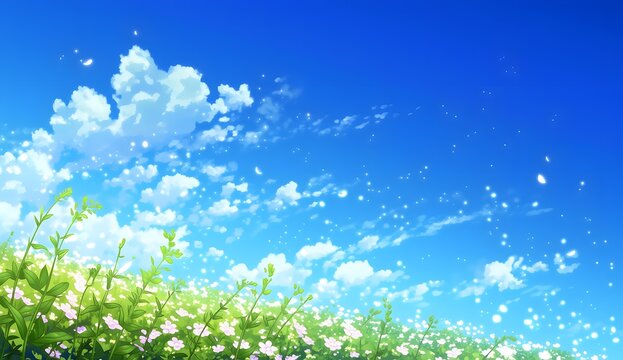 Illustration Style Anime d'un Ciel Bleu Lumineux avec Nuages et Champ de Fleurs Onirique