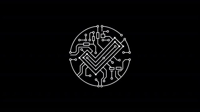 Animation of Circuit Board Glow Neon Lines Forming a Check Mark, Digital Technology and Verification Concept