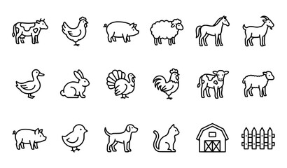 Obraz premium Simple Animal Farm Icons – Black Line Vector Set on White Background