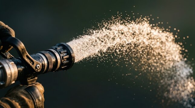 Firefighter spraying water from a high-pressure hose nozzle