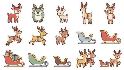 Fototapeta premium Cute cartoon reindeer and sleighs for winter holiday designs isolated on white background vector illustration