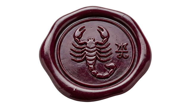Red wax seal with scorpion symbol for zodiac sign and mystical charm.
