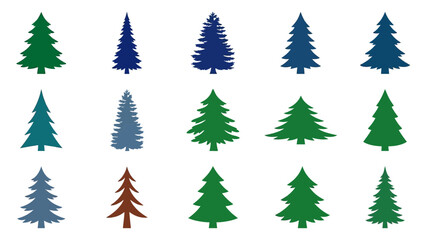 Obraz premium Diverse evergreen tree silhouettes in various blue and green tones for winter holiday designs