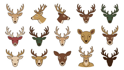 Fototapeta premium Diverse Deer Heads Collection in Flat Vector Style with Natural Color Palette