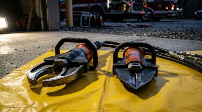 Hydraulic rescue tools on yellow tarp at fire station