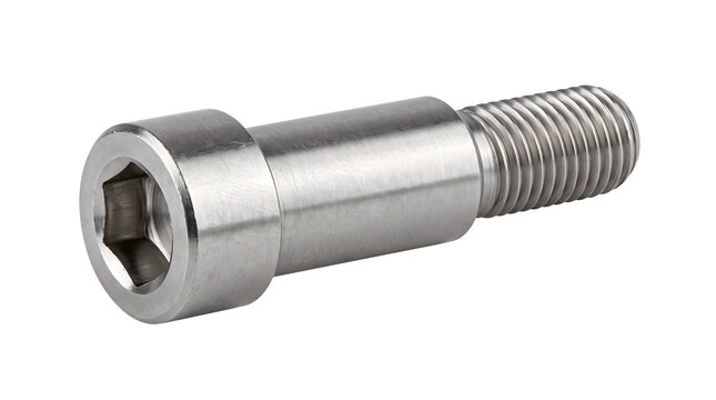Stainless steel socket head shoulder screw with hexagonal drive for precise assembly.