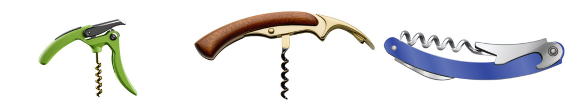 Three different types of corkscrews isolated on a white background