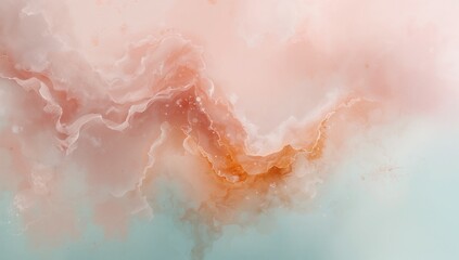 Obraz premium Flowing coral-orange vein centering studio abstract, showing translucent layers, blush pink washes