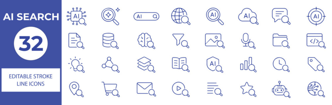 32 AI Search Vector Outline Icons Set &ndash; Artificial Intelligence, Smart Search, Web Search, Data Discovery and Digital Information Line Symbols Collection