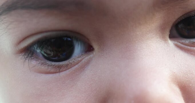 Macro close-up of a young child eye showing natural details, representing vision, eye health, child development, innocence, curiosity, pediatric care, and healthy growth, Asian child