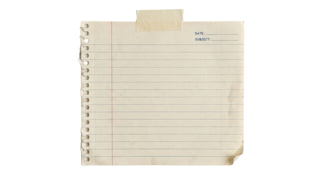 A piece of lined notebook paper with date and subject fields isolated on transparent background