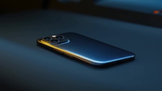 Red smartphone with triple rear cameras resting on a dark surface under dramatic red and blue lighting