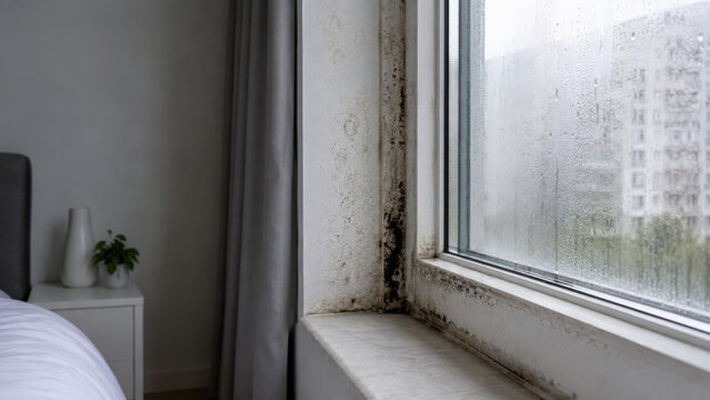 Black Mold Around Bedroom Window Frame With Condensation on Glass