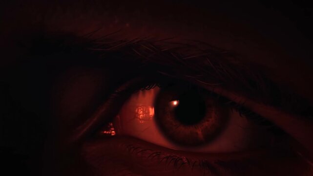 Human eye with brown iris gazing forward in extreme closeup under deep red lighting