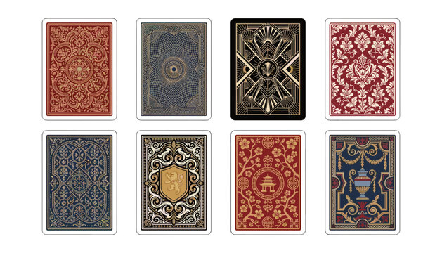 Vintage Playing Card Back Designs Vector Set with Ornate Baroque Filigree, Heraldic Shield, Damask, and Art Deco Patterns