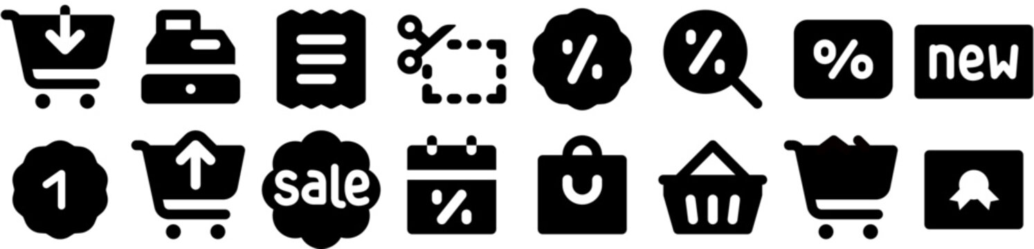 Sale &mdash; shopping, cart, retail, discount, purchase, e-commerce, promotion, price, percent, basket, goods, bag, offer, percentage. Set of vector icons.