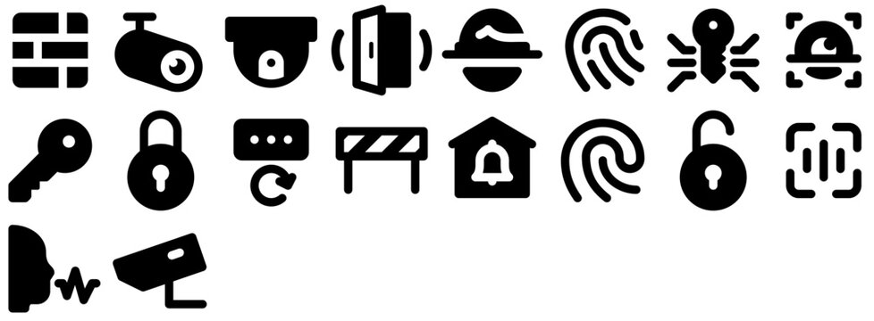 Security featuring camera, access, safety, protection, authentication, recognition, password, voice, surveillance, identification, lock, key, scan, video. Vector icon collection.