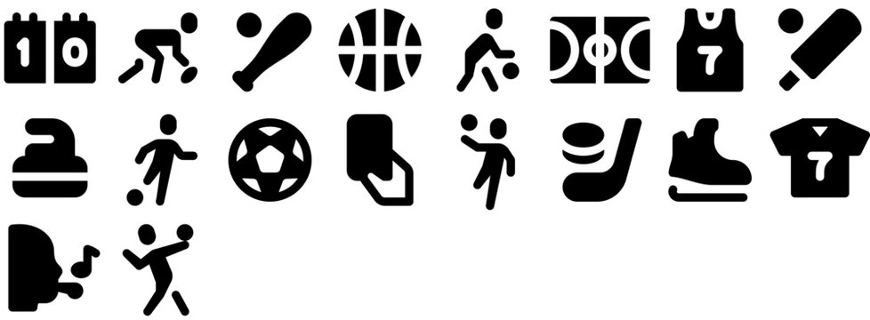 Team Sports Icon Set featuring ball, game, basketball, soccer, sport, competition, player, football, activity, play, sports, championship, match, field, competitive. Vector icon pack.