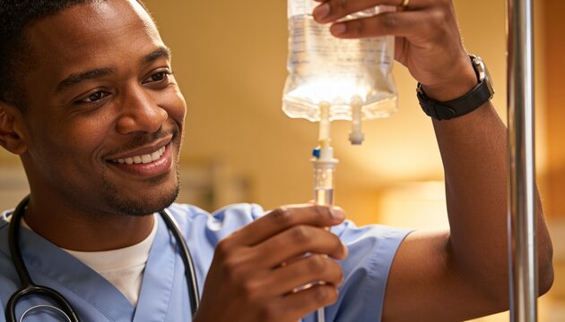 Adjusting healthcare worker in blue scrubs attaching IV tubing at patient bedside, holding IV bag