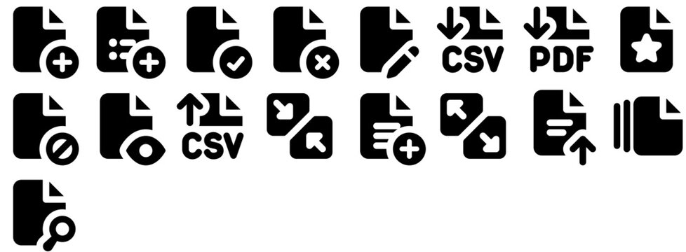 File Operations Icon Set: document, page, csv, data, pdf, filetype, export, add, new, upload, paper, files, list, documents. Vector icon pack.