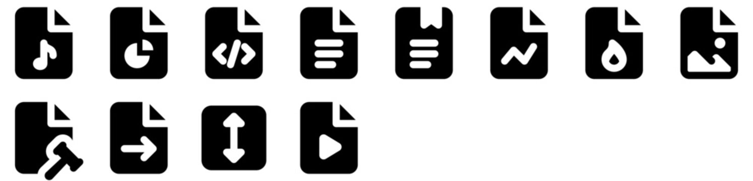 File Types Icon Pack featuring document, report, data, page, paper, business, statistics, text, music, multimedia, send, graph. Vector icon collection.