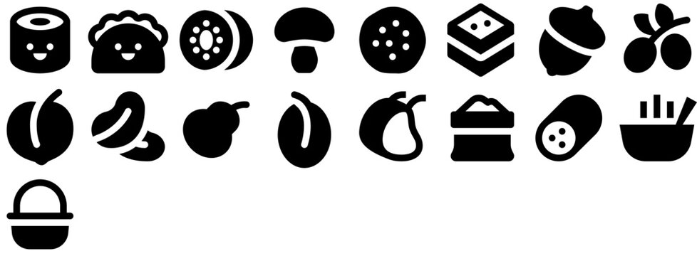 Food: kawaii styled taco, bread, peach, fruit, nut, culture, vegetarian, style, cuteness, dessert, dish. Set of vector icons.