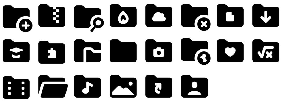 Folders Icon Pack including folder, file, directory, data, storage, archive, open, user, images, type, music, documents, new, add. Vector icon pack.