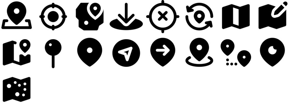 Maps & Geotags Icons: map, location, marker, pin, gps, point, navigation, position, area, place, geo, geography, gis, address, direction. Vector icon collection.