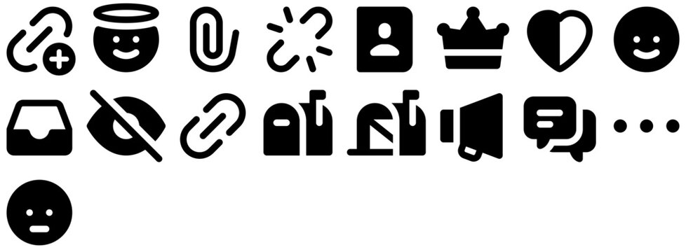 Messaging including face, emoji, emoticon, link, happy, crown, star, mail, mark. Vector icon pack.