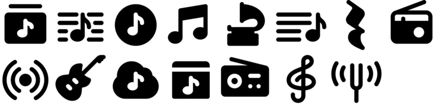 Music Icon Set &mdash; note, musical, sound, melody, audio, rock, radio, classic, player, streaming, instrument. Set of vector icons.