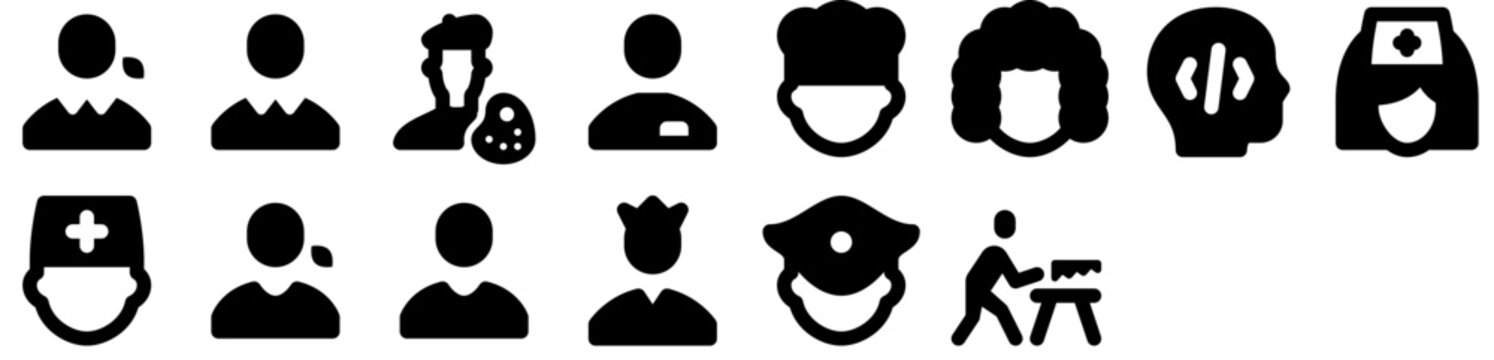 Professions Icons: male, sawing, user, professional, occupation, doctor, chef, man, admin, administrator, female, police, worker, identification. Set of vector icons.