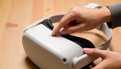 Fototapeta premium Pressing right hand pushing top button on white VR headset on wooden table, showing gray sleeve