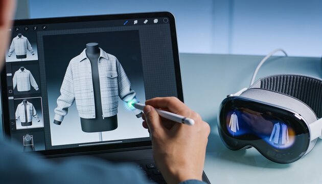 Editing designer hand with blue sleeve using stylus on tablet at studio showing checkered jacket