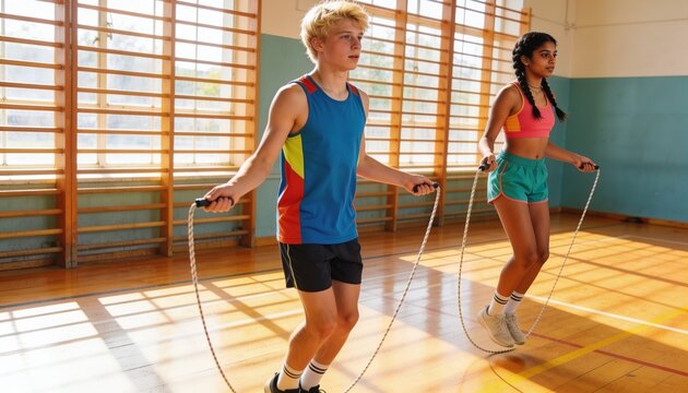 Skipping teenage students wearing sportswear using jump ropes in school gymnasium, sunlight grid