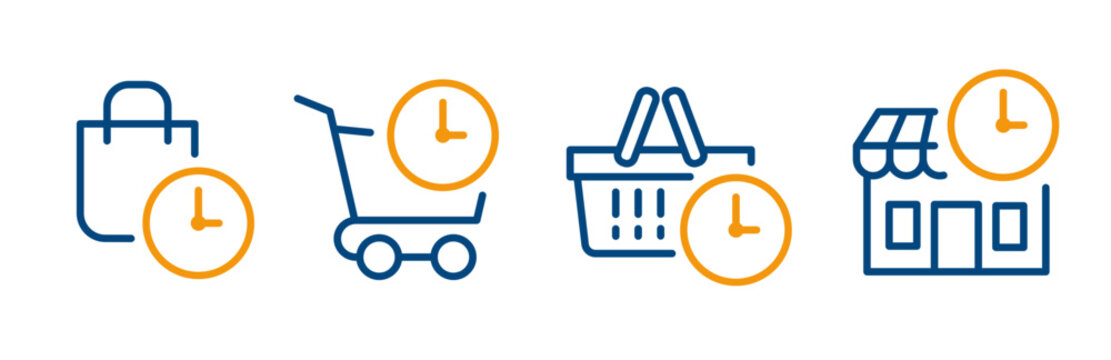 pre-order icon set, online pre order in store, basket, cart, bag and watch, outline icons on white